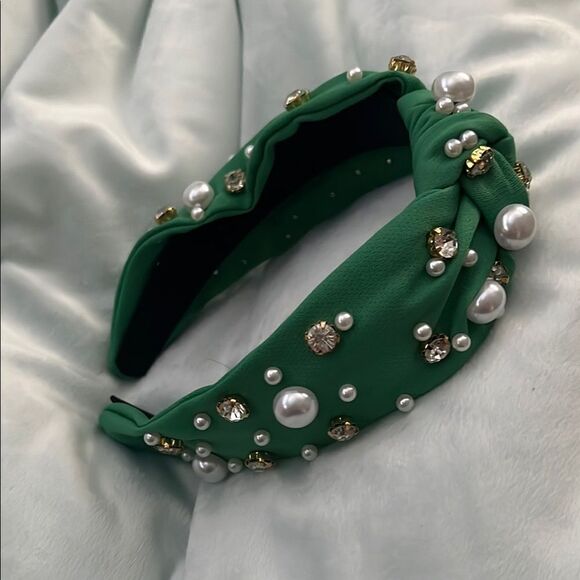 Accessories - Embellished Green Headband with Pearls and Gems